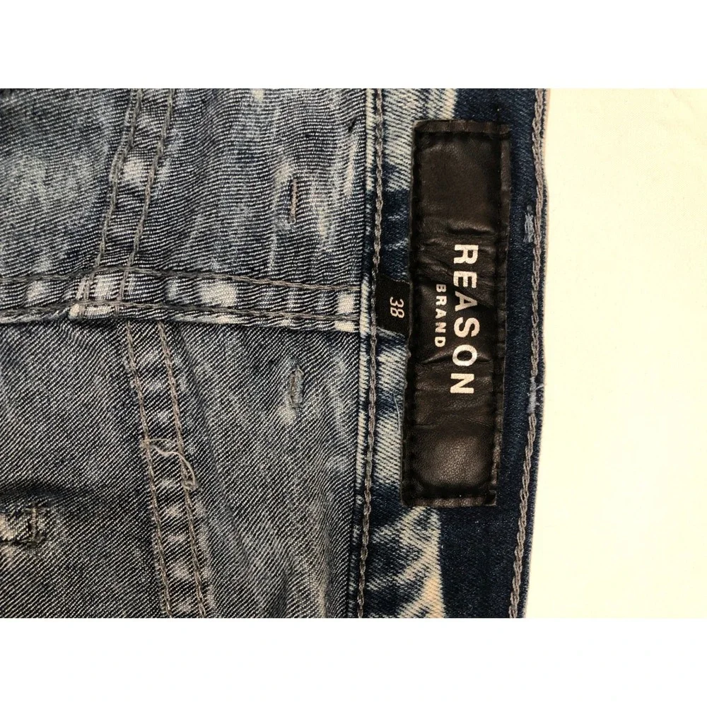 Reason Brand Mens Moto Biker Jeans Acid Wash Blue Distressed Slim Straight 38x30